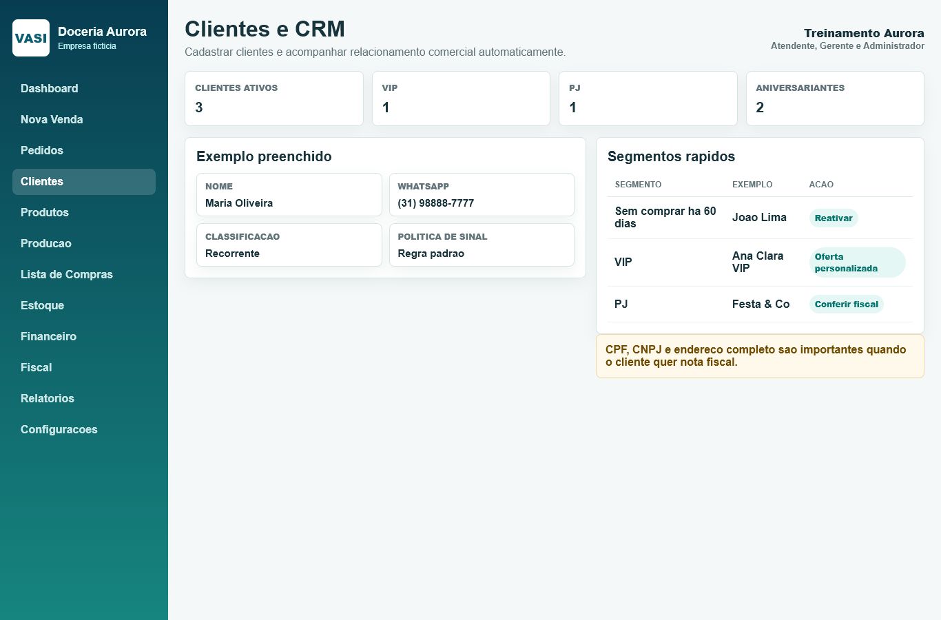 Print da tela Clientes e CRM com dados ficticios