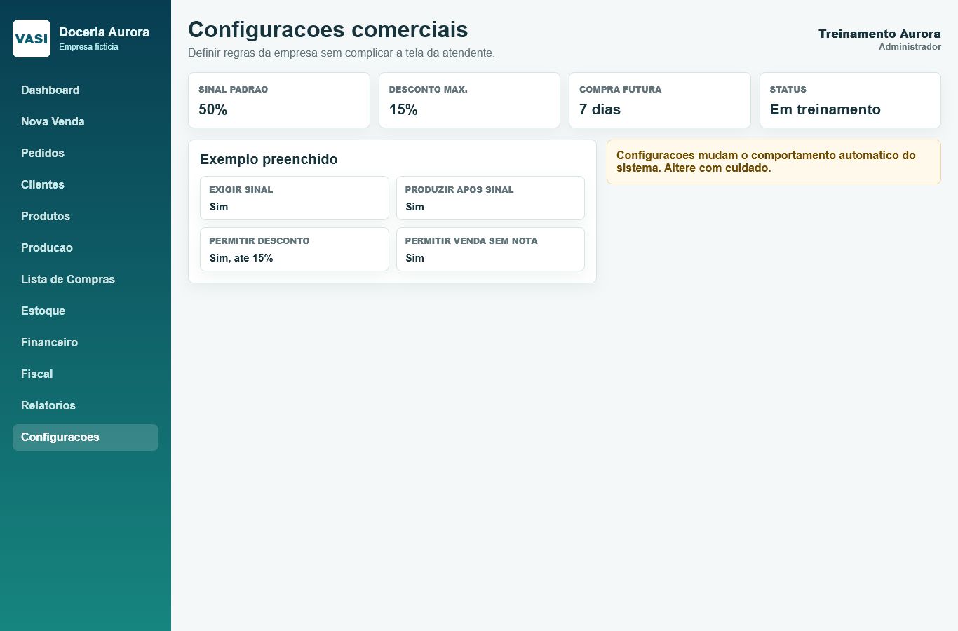 Print da tela Configuracoes comerciais com dados ficticios