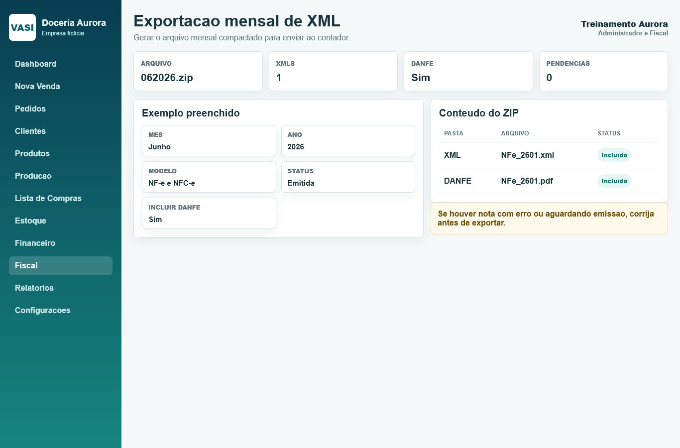 Print da tela Exportacao mensal de XML com dados ficticios