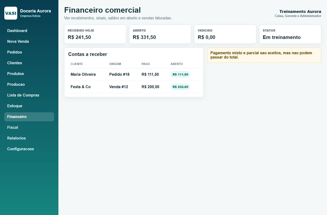Print da tela Financeiro comercial com dados ficticios