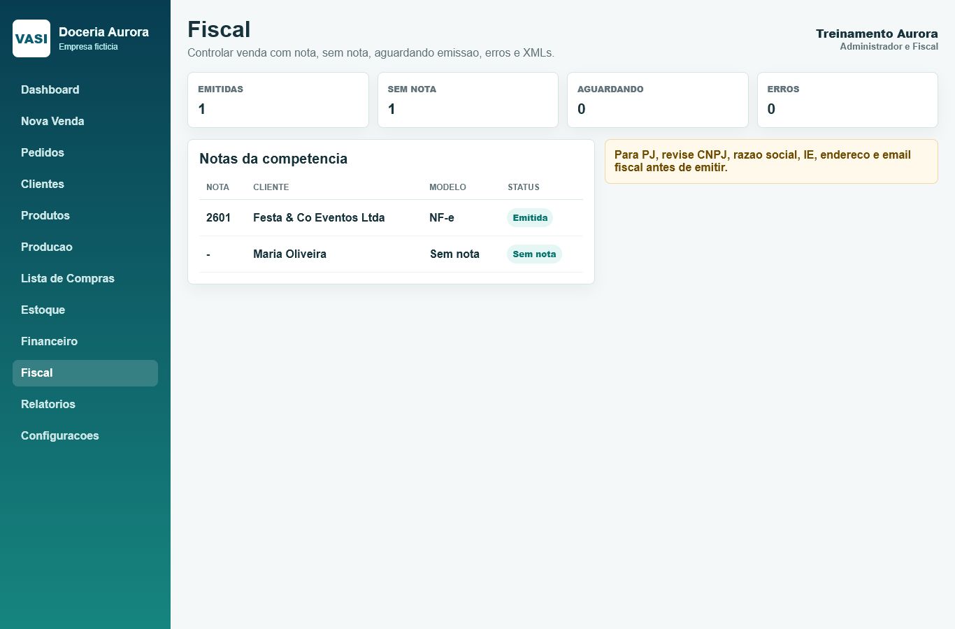 Print da tela Fiscal com dados ficticios