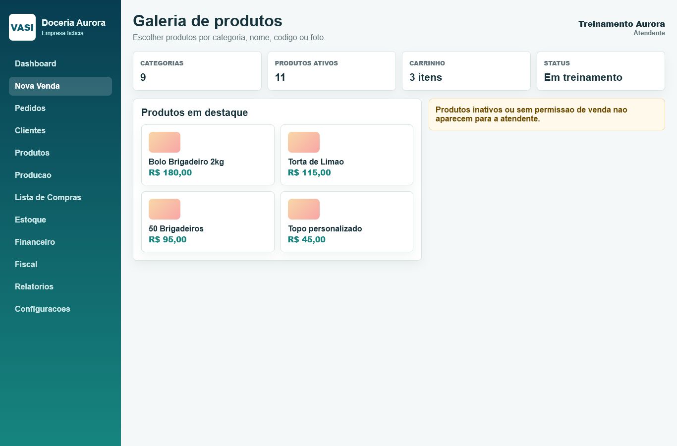Print da tela Galeria de produtos com dados ficticios