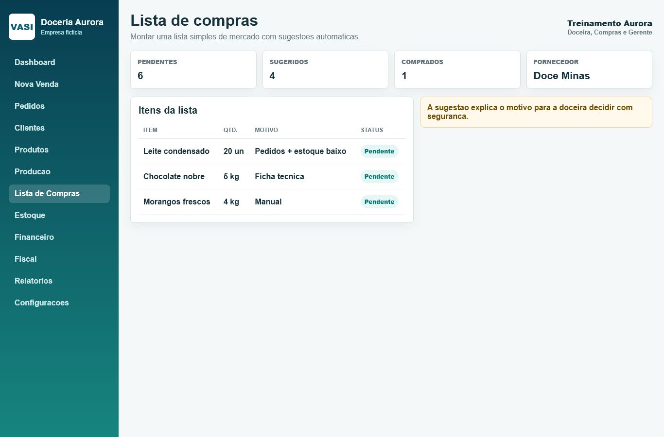Print da tela Lista de compras com dados ficticios