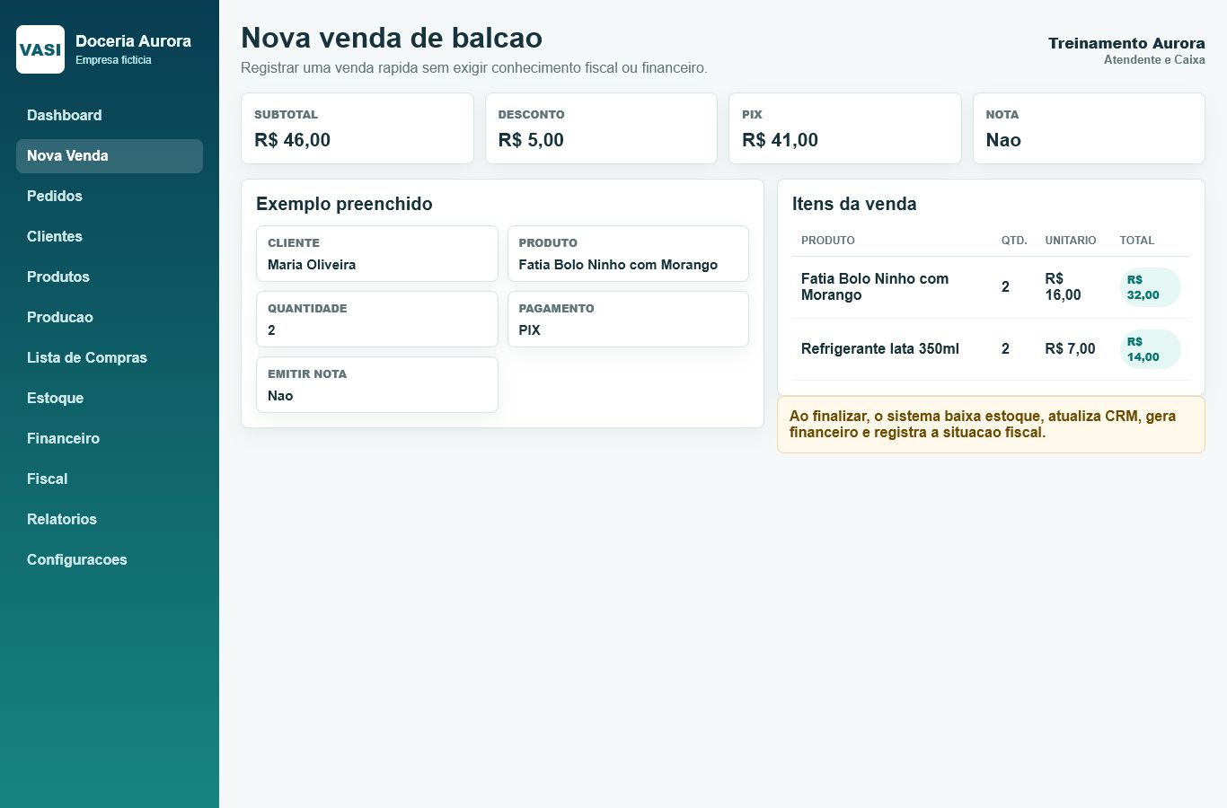 Print da tela Nova venda de balcao com dados ficticios