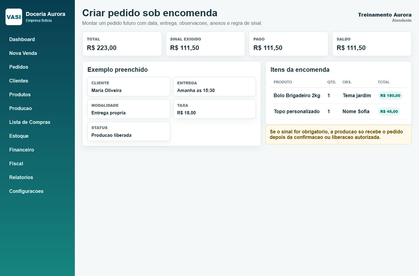 Print da tela Criar pedido sob encomenda com dados ficticios