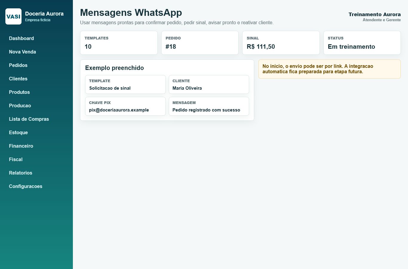 Print da tela Mensagens WhatsApp com dados ficticios